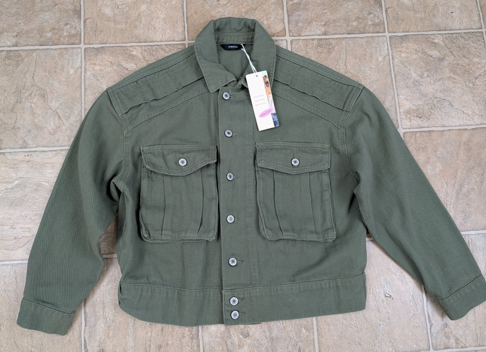 Dokotoo sz M Cargo Cropped denim Jean Jacket army green oversized buttons 0884